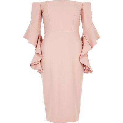 Pink bardot bell sleeve bodycon dress